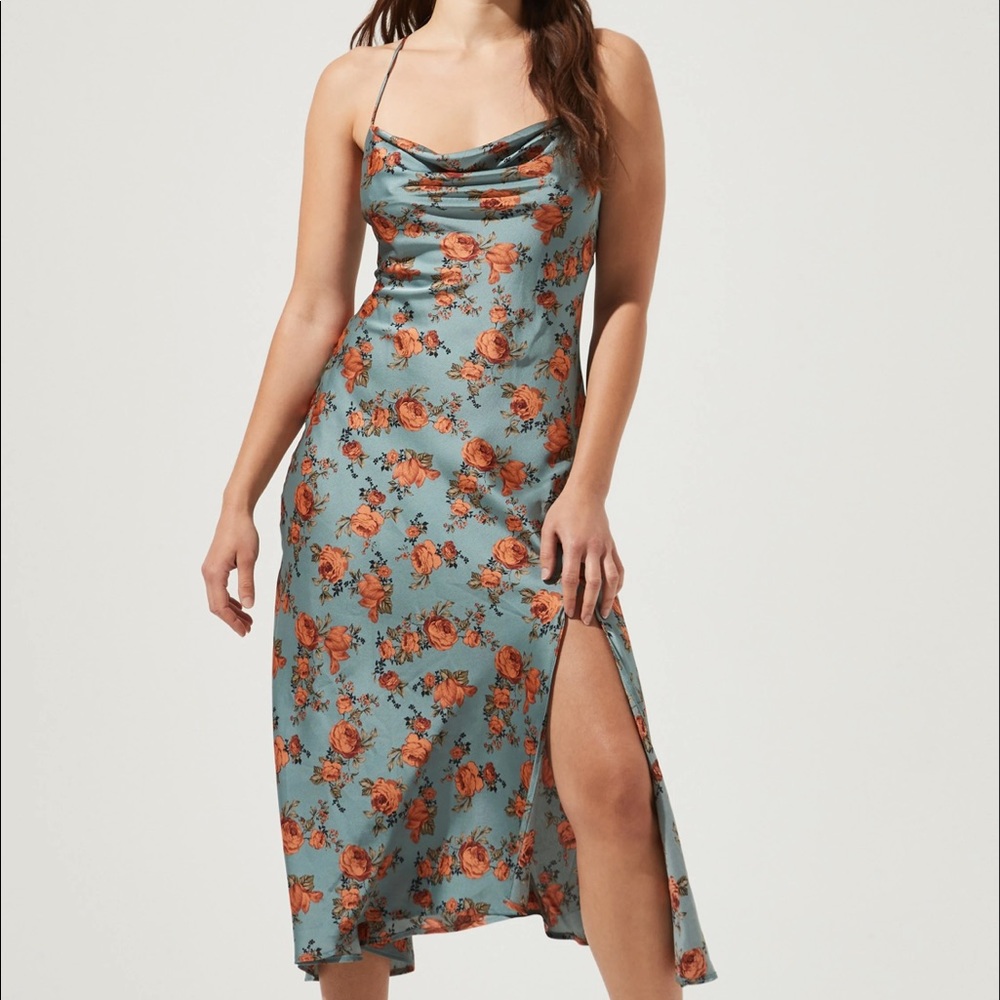 Astr Floral MIDI Dress Teal/ Peach XS